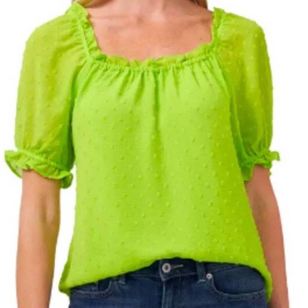 CeCe Swiss Dot, Lime Green, puff sleeve, peasant style top, fully lined, S